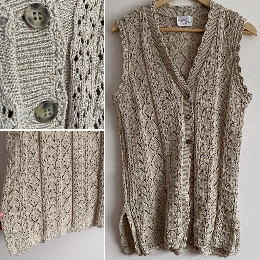 Vintage Cream Knit Button-Front Sleeveless Cardigan